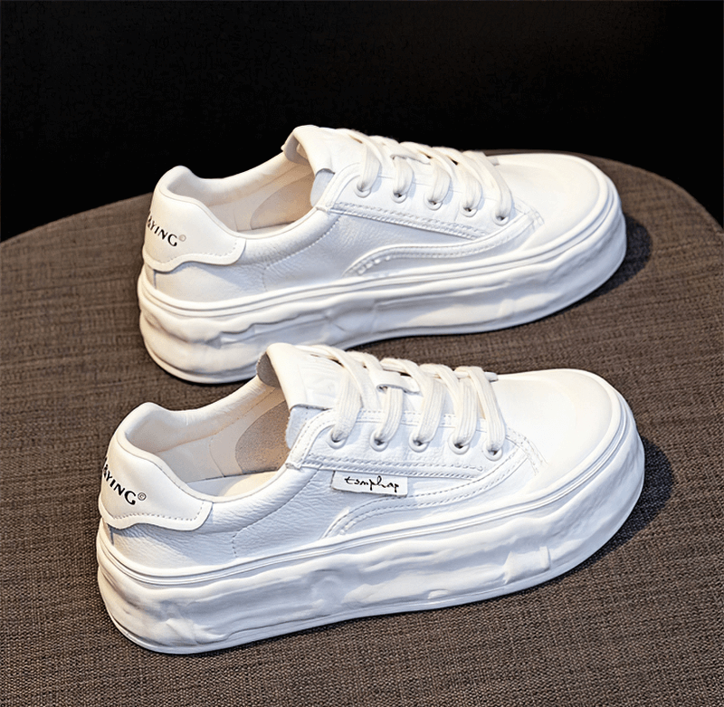 White women's round toe lace-up sneakers with thick sole for comfort and style, featuring EVA insole and split leather design.